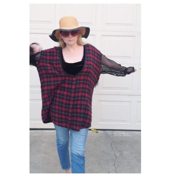 5/$100 SALE -  LF Furst of a Kind Oversized V Neck Flannel with Fishnet Arms - Picture 8 of 12